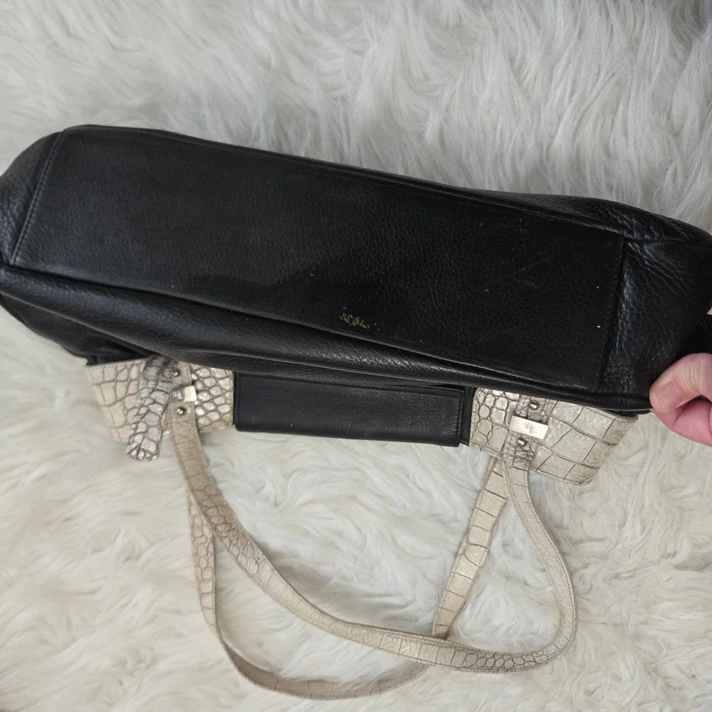 Petusco Spain Black Pebbled Leather Shoulder Bag Cream Croc Trim Made in Spain
